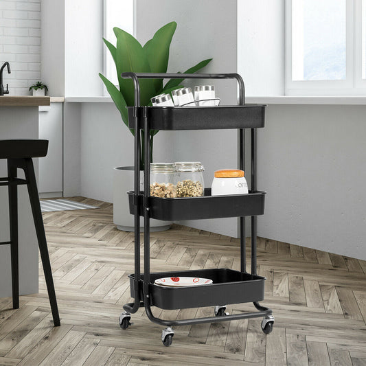 3-Tier Utility Cart Storage Rolling Cart with Casters-Black - Tampa Home & Garden Store