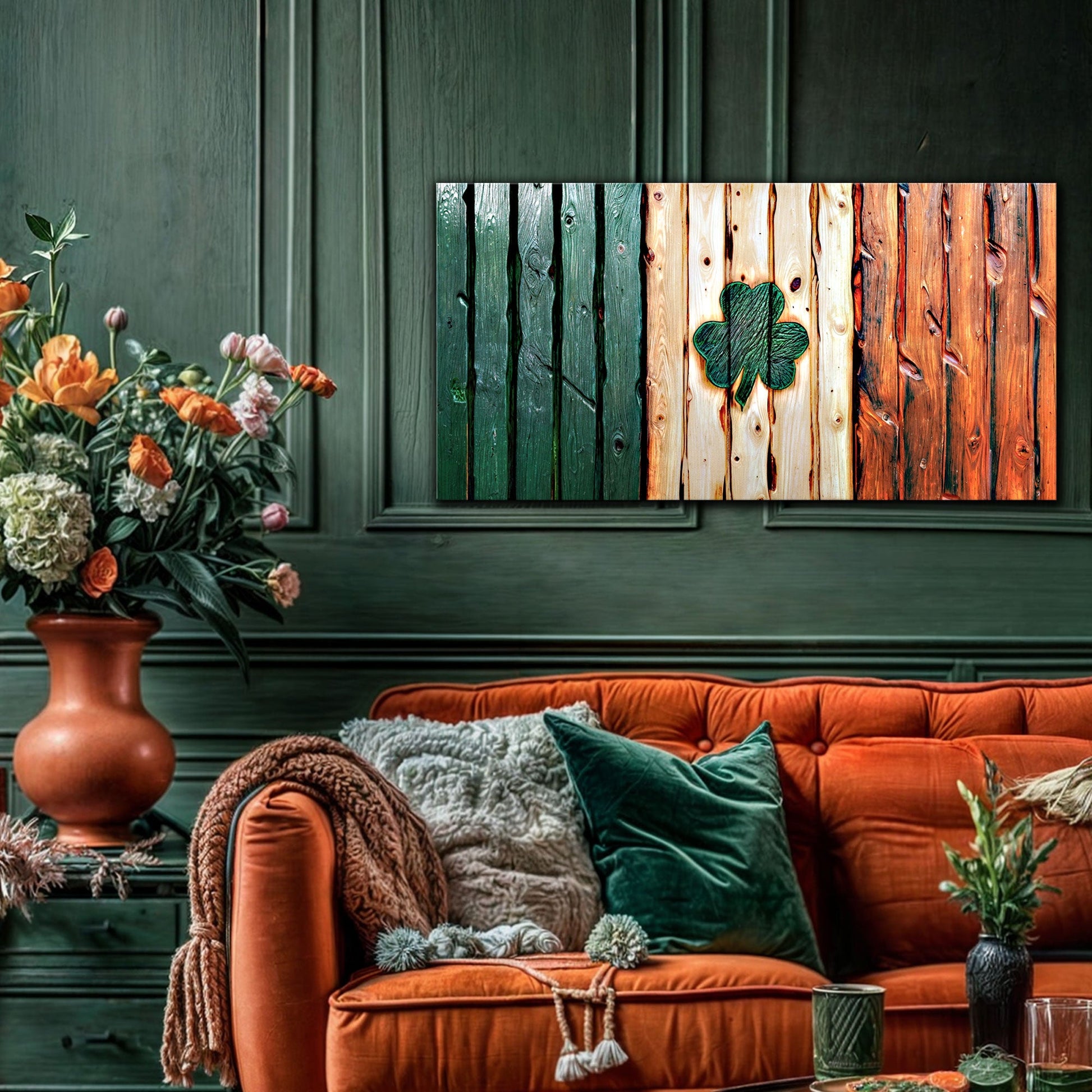 Irish Shamrock Glory wooden flag wall art canvas; shamrock motif on green natural wood planks on Tampa Home & Garden Store