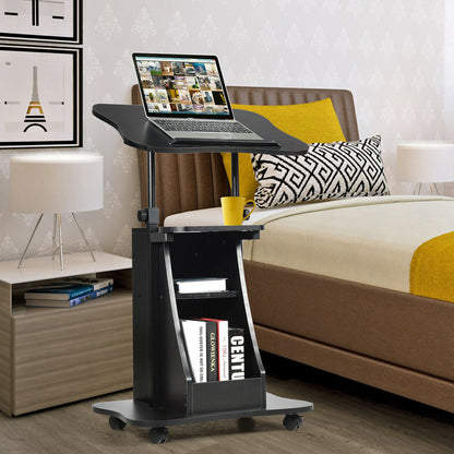 Carro de escritorio para computadora portátil de altura ajustable con almacenamiento, de asiento a pie - Negro