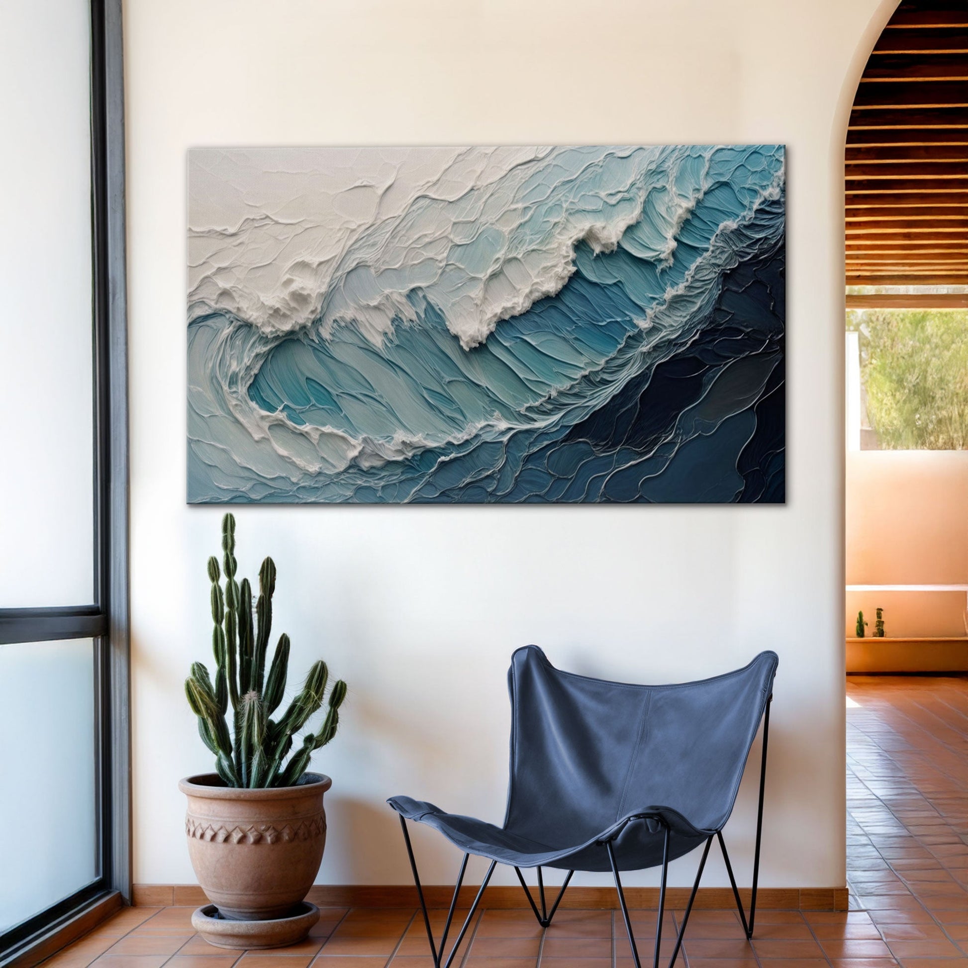 Ocean's Embrace Seascape Canvas by Tailored Canvases in blue textured waves on Tampa Home & Garden Store