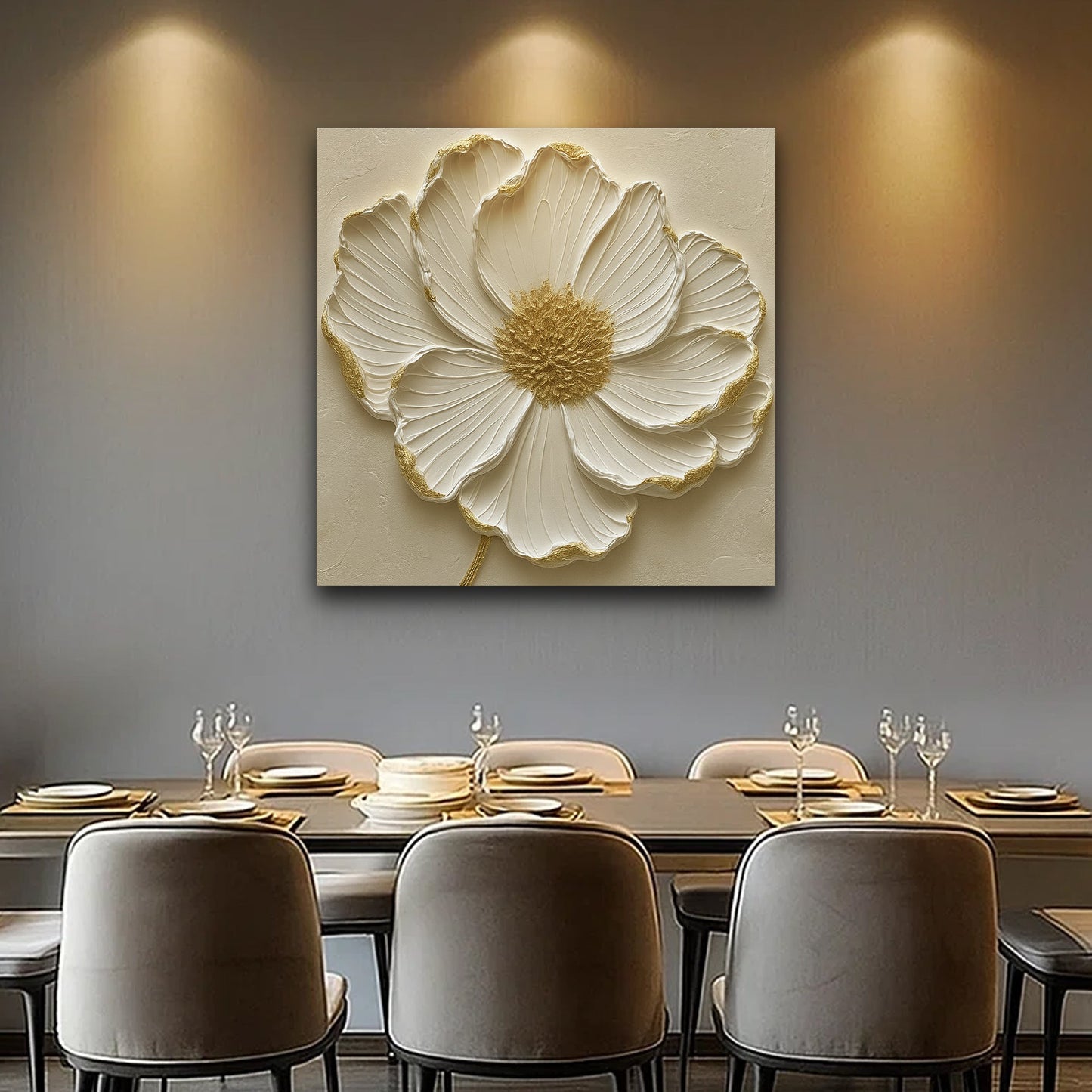 Modern Abstract Flower Wall Art Canvas; white petals with gold accents by Tailored Canvases on Tampa Home & Garden Store