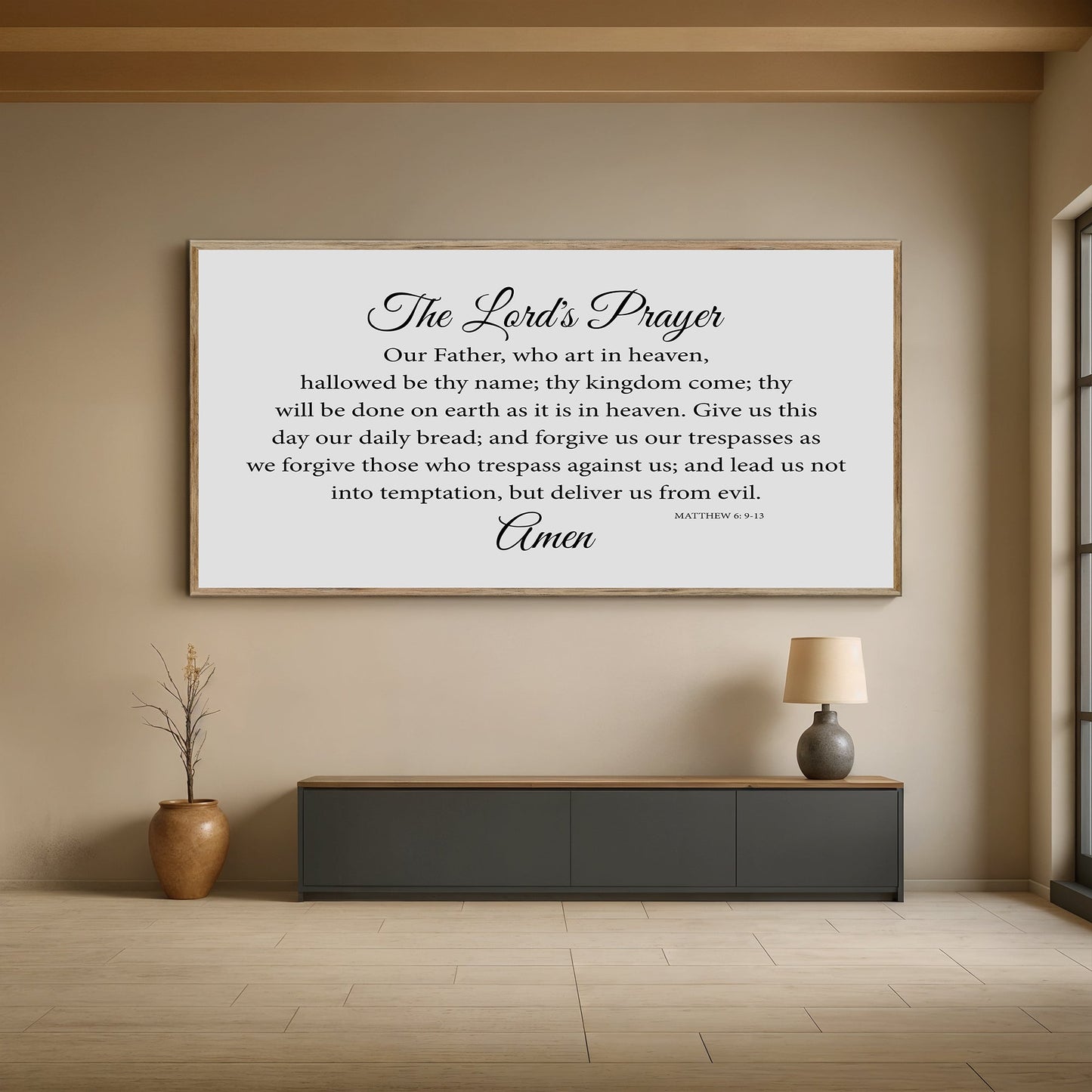 Canvas The Lord's Prayer Faith Sign with gray background, black script in a wood frame on Tampa Home & Garden Store