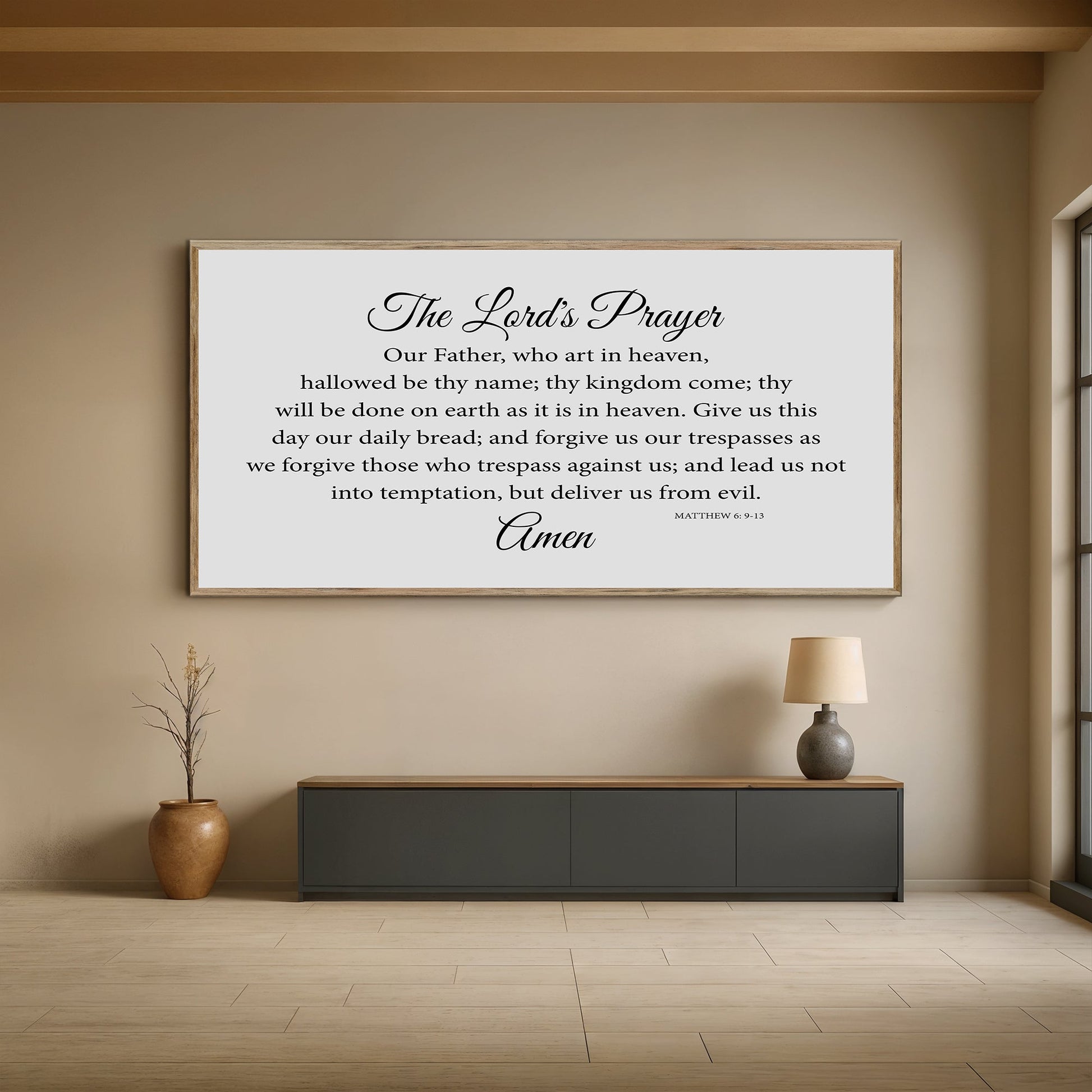 Canvas The Lord's Prayer Faith Sign with gray background, black script in a wood frame on Tampa Home & Garden Store