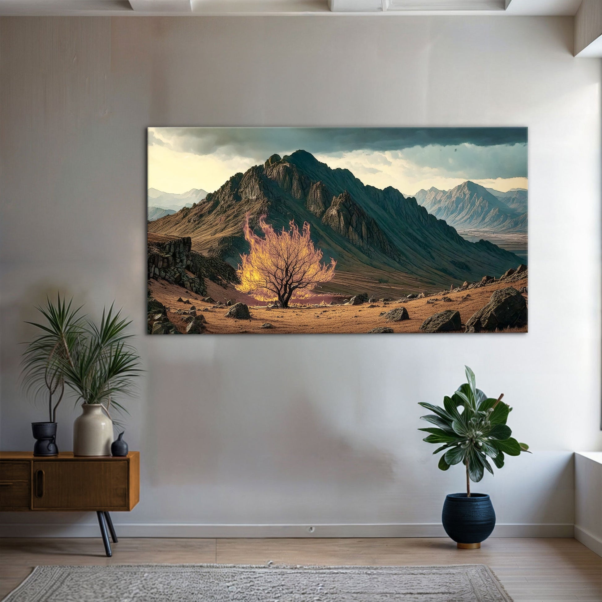 Burning Bush Faith Wall Art VI canvas Tailored Canvases, mountain scene with fiery tree on Tampa Home & Garden Store