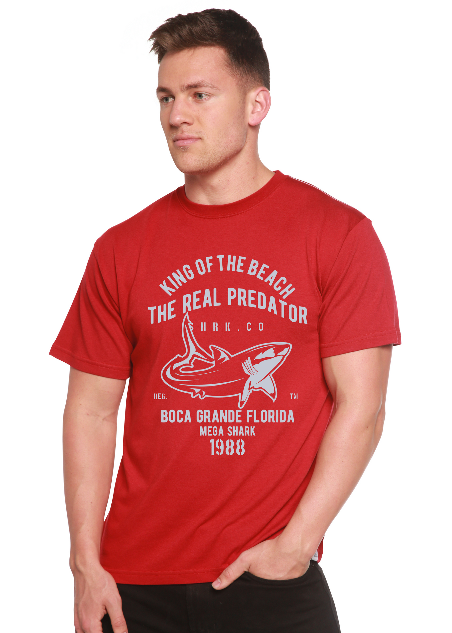 Shark Real Spun Bamboo men's red short-sleeve graphic T-shirt bamboo viscose/organic cotton on Tampa Home & Garden Store