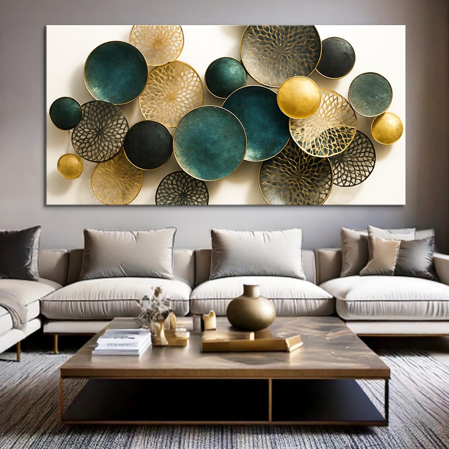 Lotus Leaf Abstract Wall Art VIII canvas by Tailored Canvases; teal and gold circular discs on Tampa Home & Garden Store