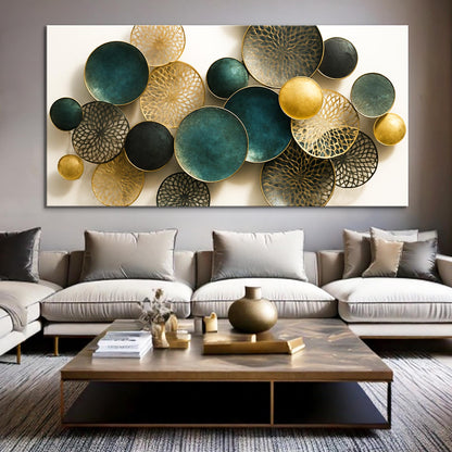 Lotus Leaf Abstract Wall Art VIII canvas by Tailored Canvases; teal and gold circular discs on Tampa Home & Garden Store