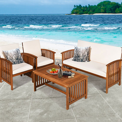 Juego de muebles de patio de madera maciza de 4 piezas - Beige