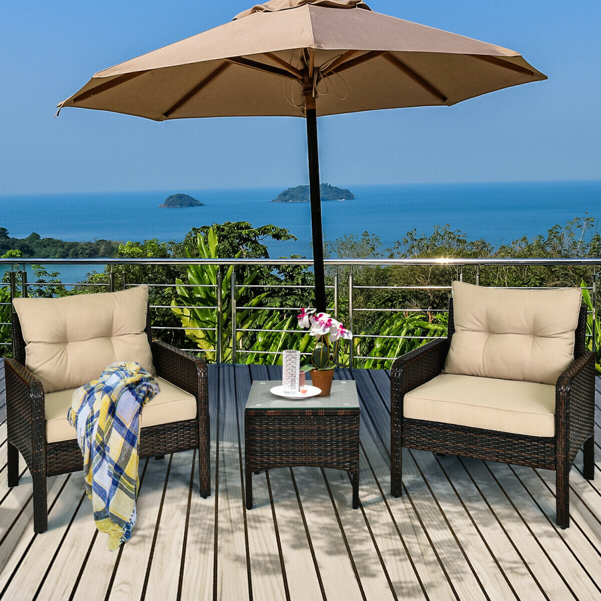 Juego de 3 piezas de conversación para patio exterior de ratán con cojines de asiento - Beige
