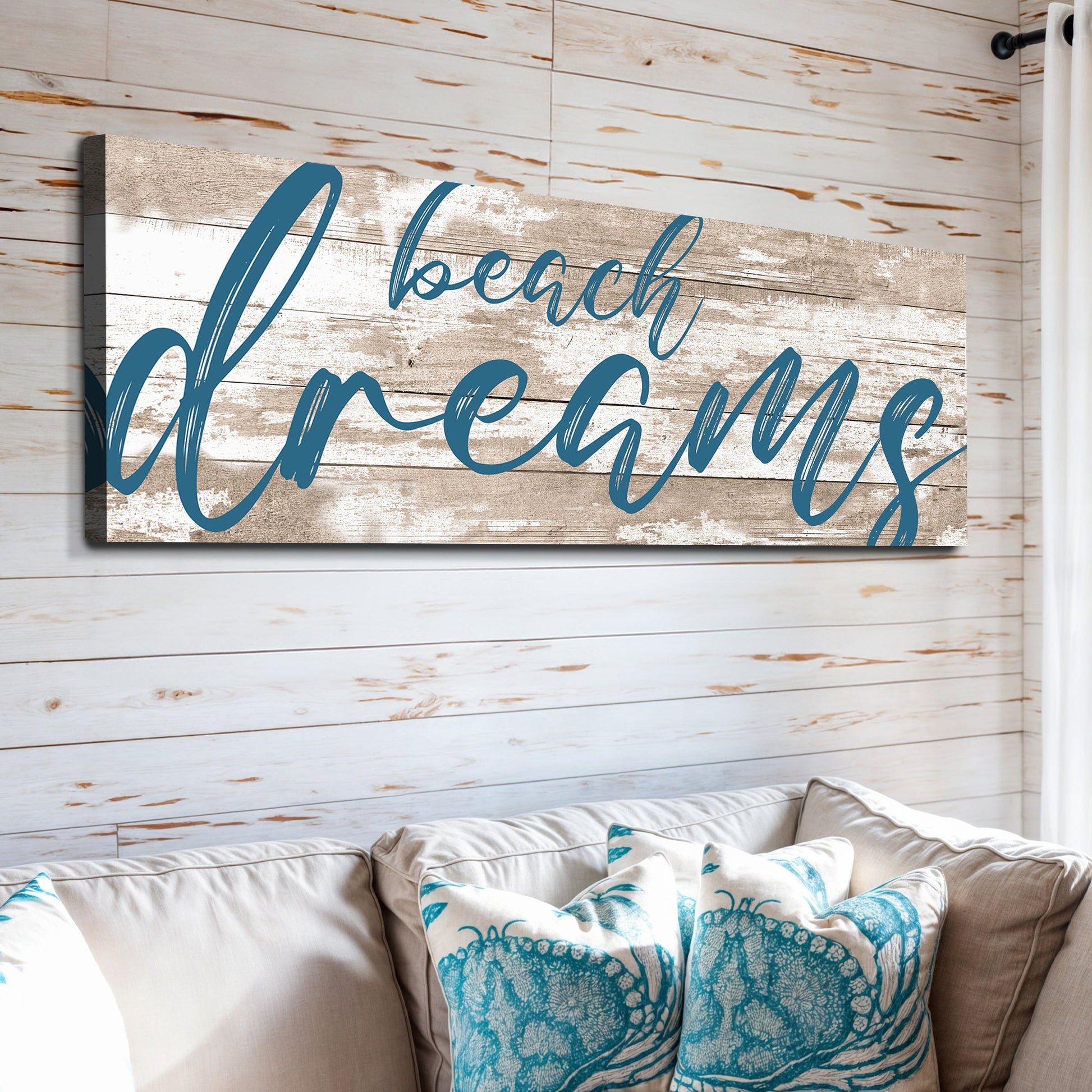 Beach Dreams Sign canvas with weathered wood backdrop and teal script by Tailored Canvases on Tampa Home & Garden Store