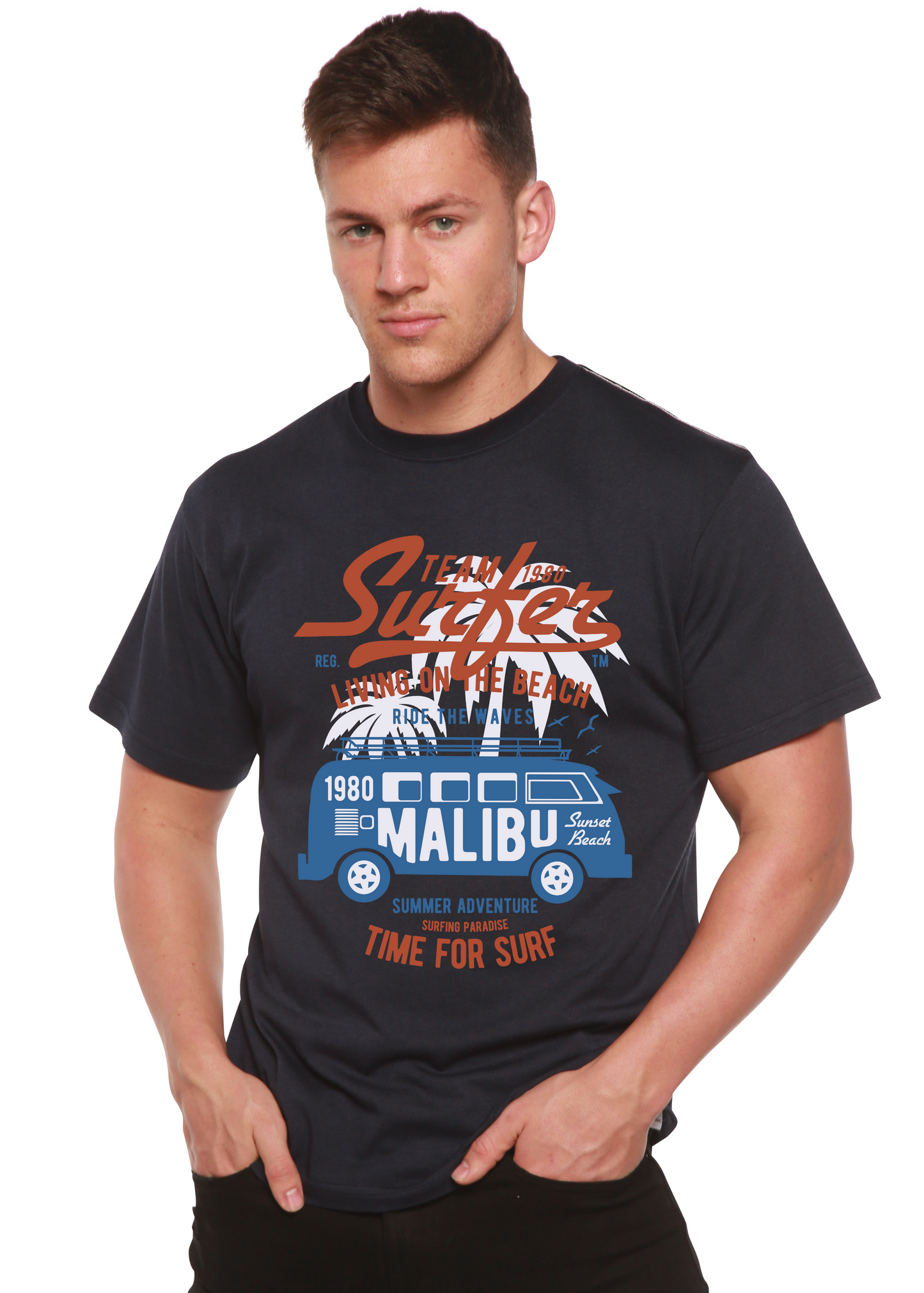 Team Surfer Spun Bamboo men's navy short sleeve graphic tee with Malibu van print on Tampa Home & Garden Store