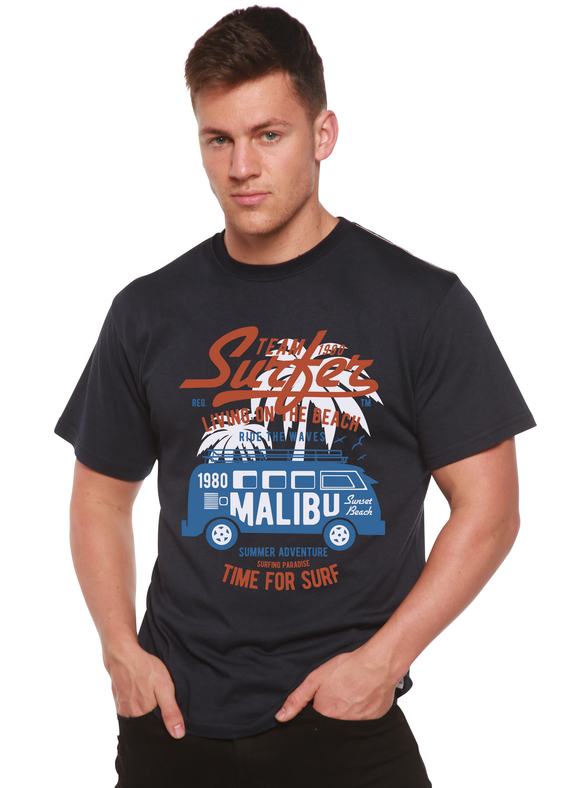Team Surfer Spun Bamboo men's navy short sleeve graphic tee with Malibu van print on Tampa Home & Garden Store