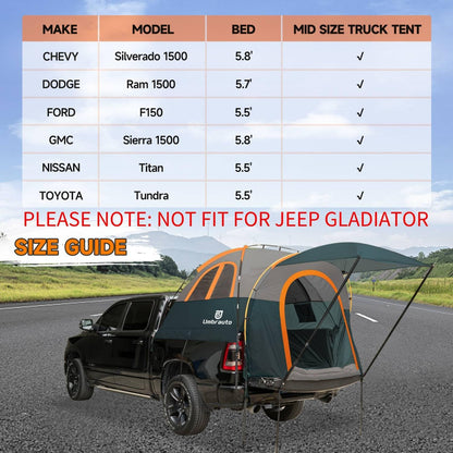 Umbrauto truck bed tent with awning on a pickup, green fabric with orange accents on Tampa Home & Garden Store