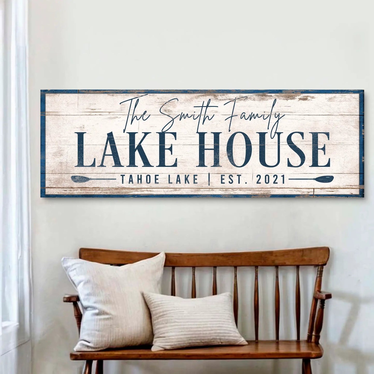 Canvas Lake House sign by Tailored Canvases; rustic whitewashed wood with navy lettering on Tampa Home & Garden Store