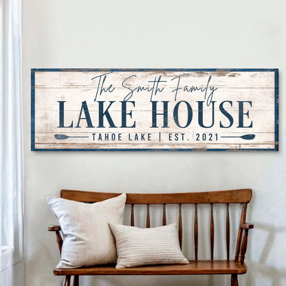 Canvas Lake House sign by Tailored Canvases; rustic whitewashed wood with navy lettering on Tampa Home & Garden Store