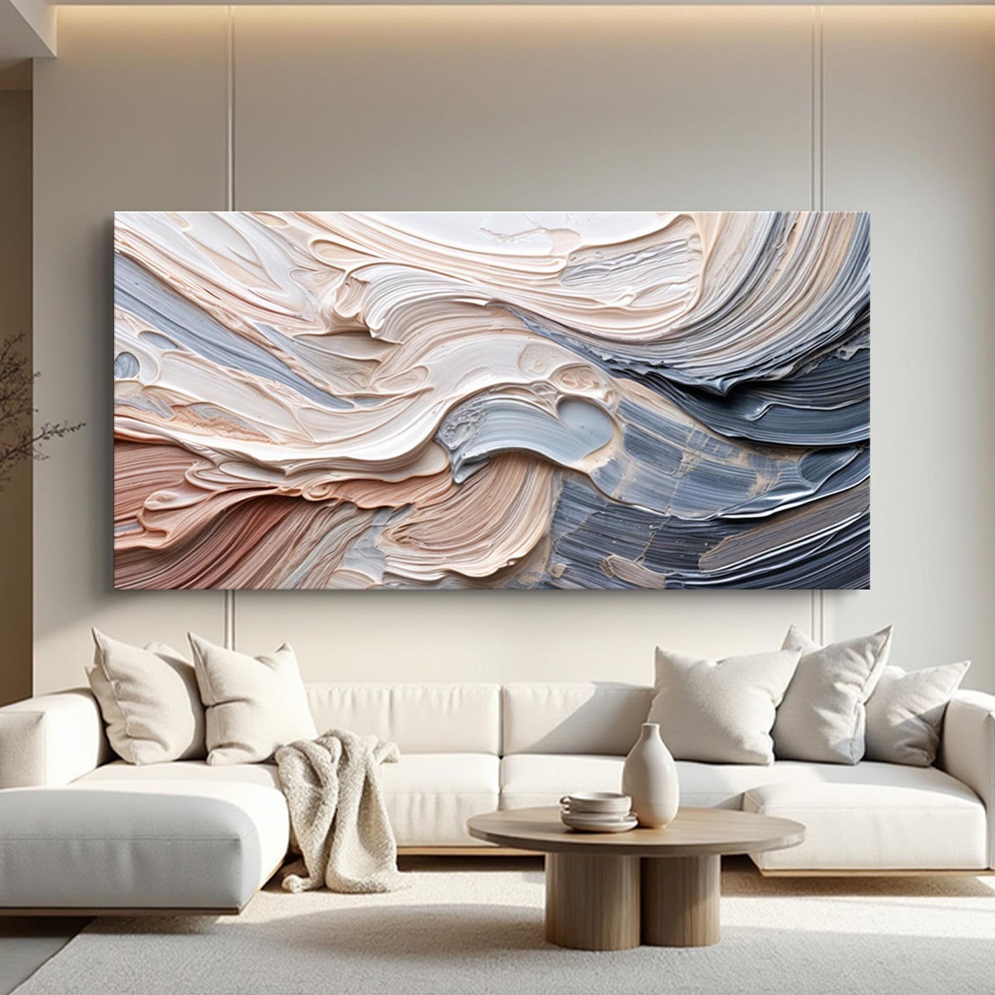 Rough Minimalist Wall Art canvas with cream beige and gray swirls above a white sofa on Tampa Home & Garden Store