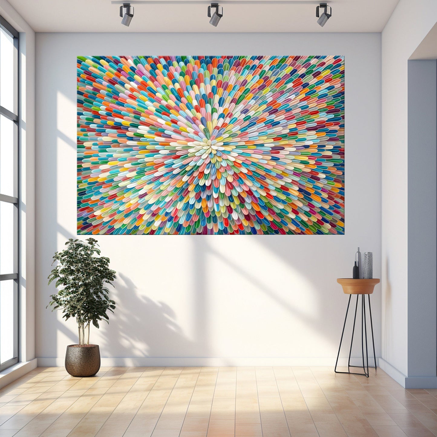 Radiant Bloom Abstract Wall Art canvas featuring a vibrant multicolor spiral burst on Tampa Home & Garden Store