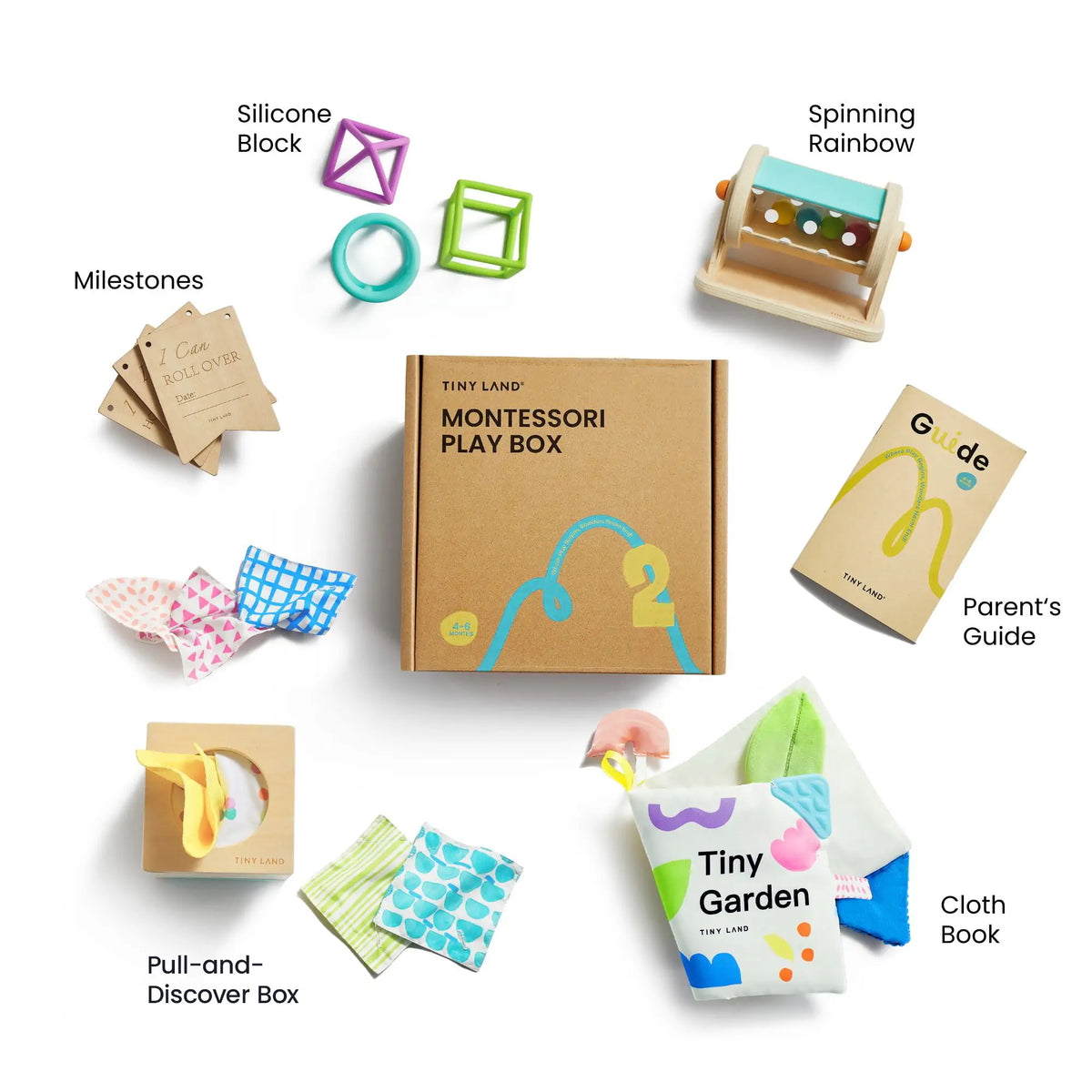 Brain & Hands Playset Montessori Box with silicone block, cube, and rainbow spinner on Tampa Home & Garden Store
