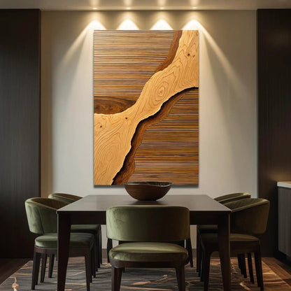 Wood Rift Wall Art by Tailored Canvases; woodgrain panel with curved overlay in dining room on Tampa Home & Garden Store