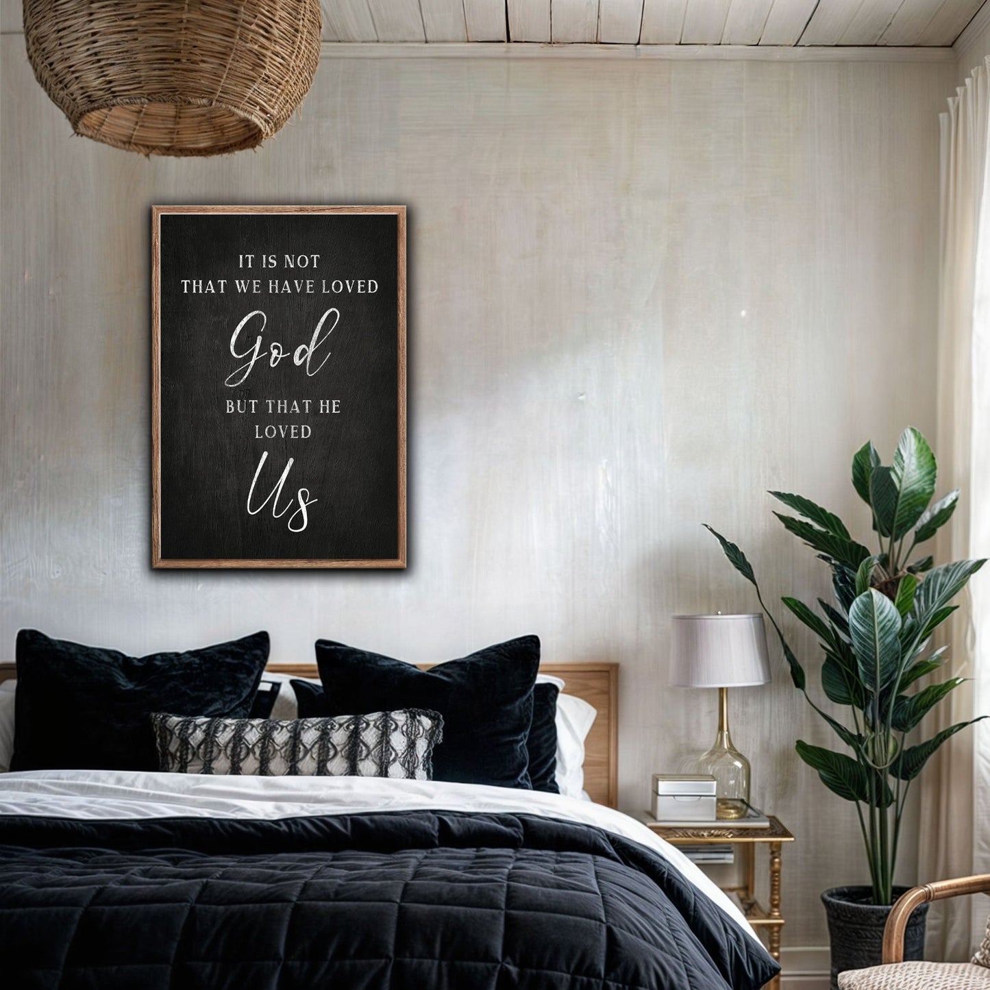 1 John 4:10 Faith Sign VI canvas with black surface and white script, wood frame on Tampa Home & Garden Store
