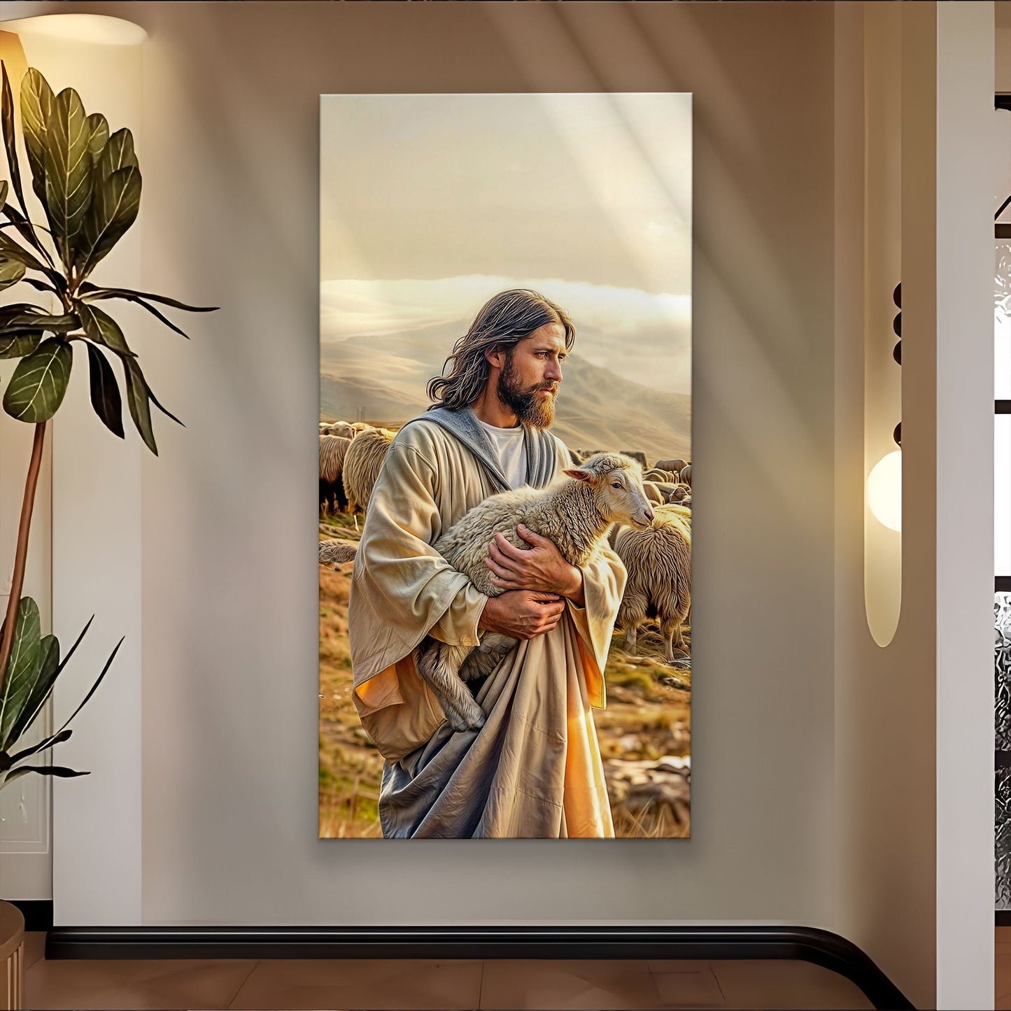 99 Faith Wall Art XII canvas by Tailored Canvases, serene shepherd with lamb among sheep on Tampa Home & Garden Store
