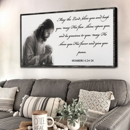 Canvas art Numbers 6:24-26 faith sign by Tailored Canvases, grayscale praying Jesus with scripture on Tampa Home & Garden Store
