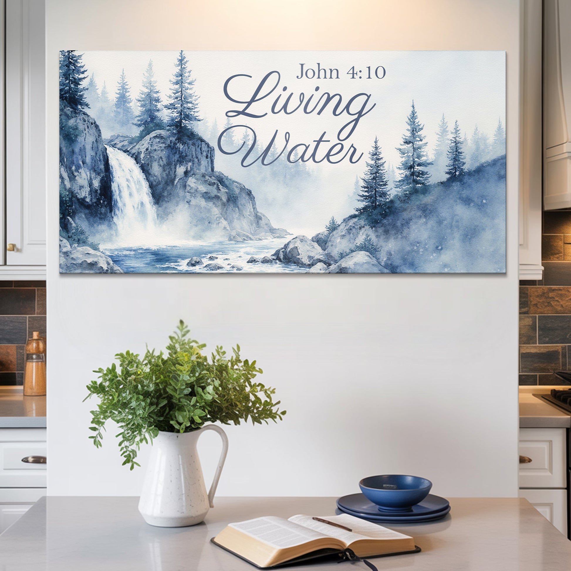 Living Water John 4:10 Faith Sign II canvas by Tailored Canvases with blue pine forest landscape on Tampa Home & Garden Store