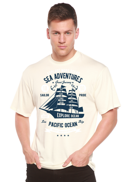Sea Adventures Spun Bamboo men's T-shirt in cream with navy sailboat print on Tampa Home & Garden Store