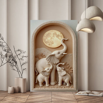 Elephant Harmony Canvas by Tailored Canvases, beige elephant reliefs within a circular sun motif on Tampa Home & Garden Store