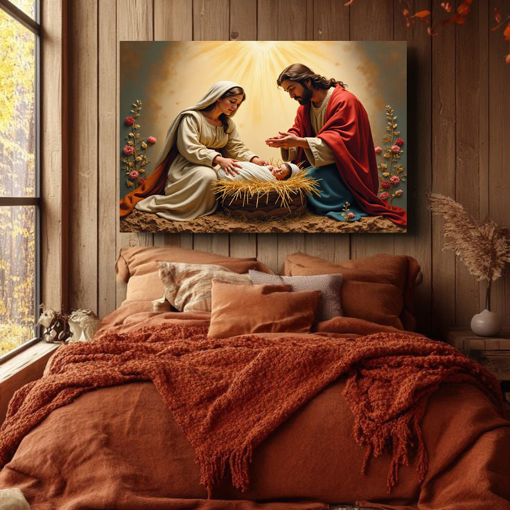 3D Faith Wall Art IV canvas nativity scene on warm brown bedding Tailored Canvases on Tampa Home & Garden Store