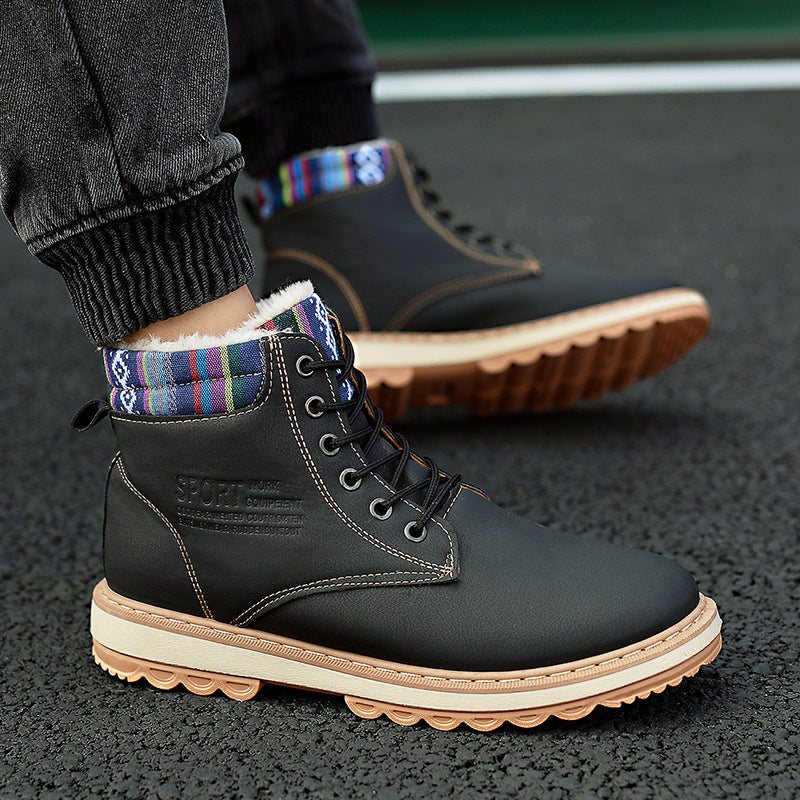 Stevvex black leather boots with colorful knit collar, warm lining, tan outsole on Tampa Home & Garden Store