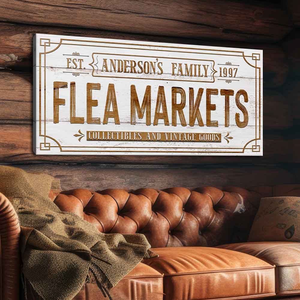 Family Flea Market Sign II canvas wall art by Tailored Canvases, white distressed sign on Tampa Home & Garden Store
