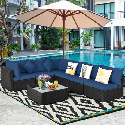 Juego de Sofá Seccional Exterior de 7 Piezas de Ratán para Patio con Tapa de Cristal Templado - Azul Marino