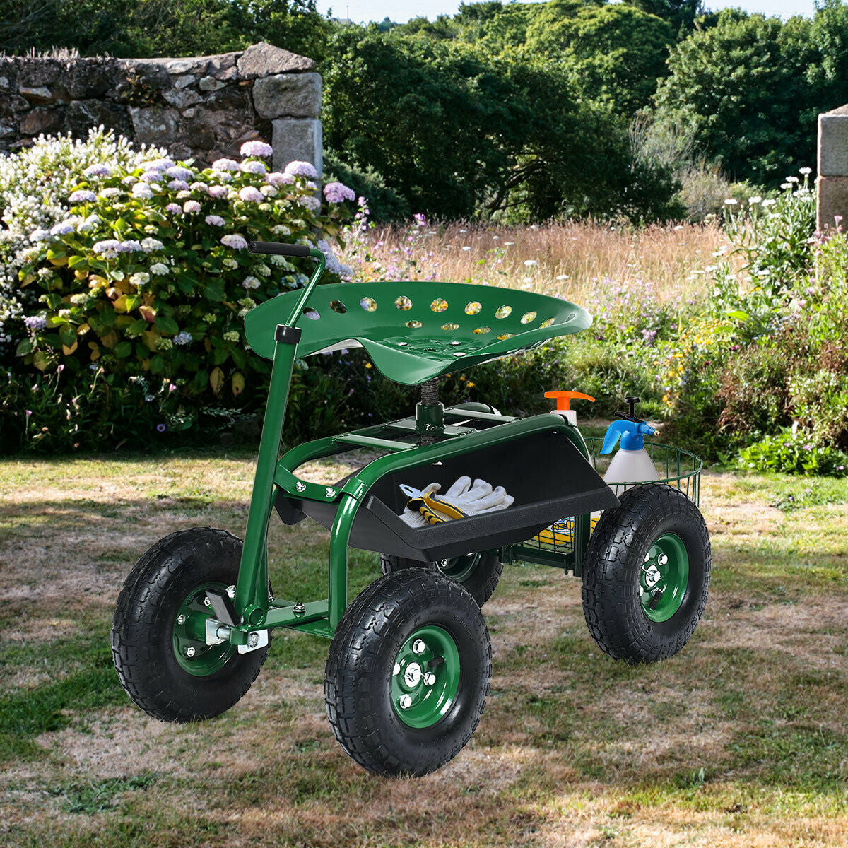 Carro de jardín con manija extensible, patinete de jardín con ruedas - Verde