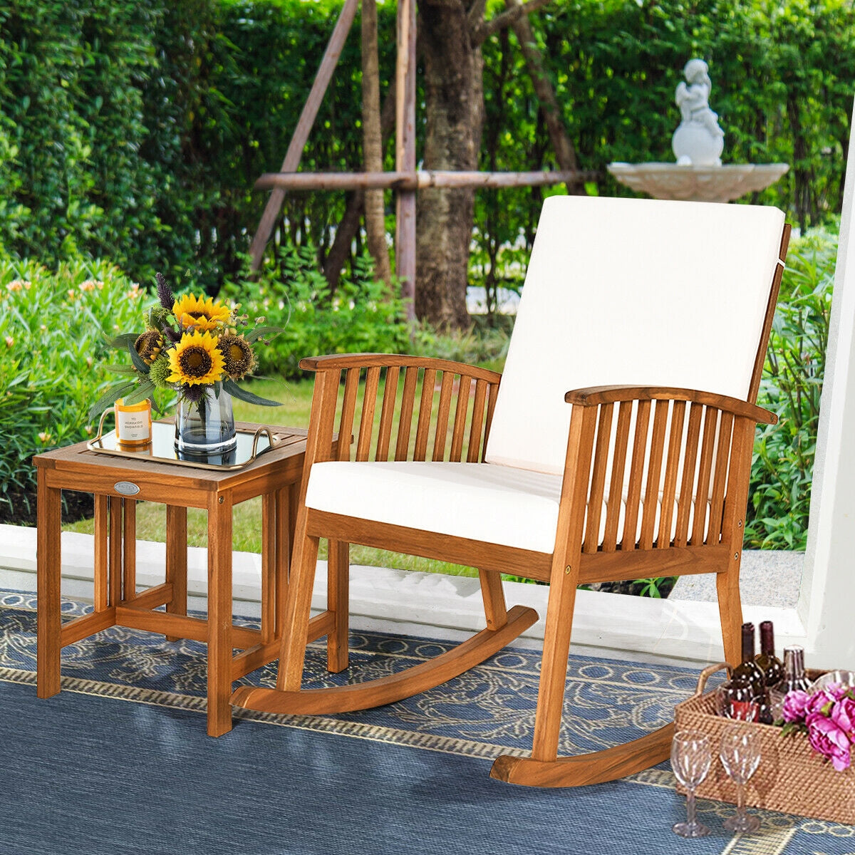 Juego de 2 sillas mecedoras con mesa de patio de madera de acacia