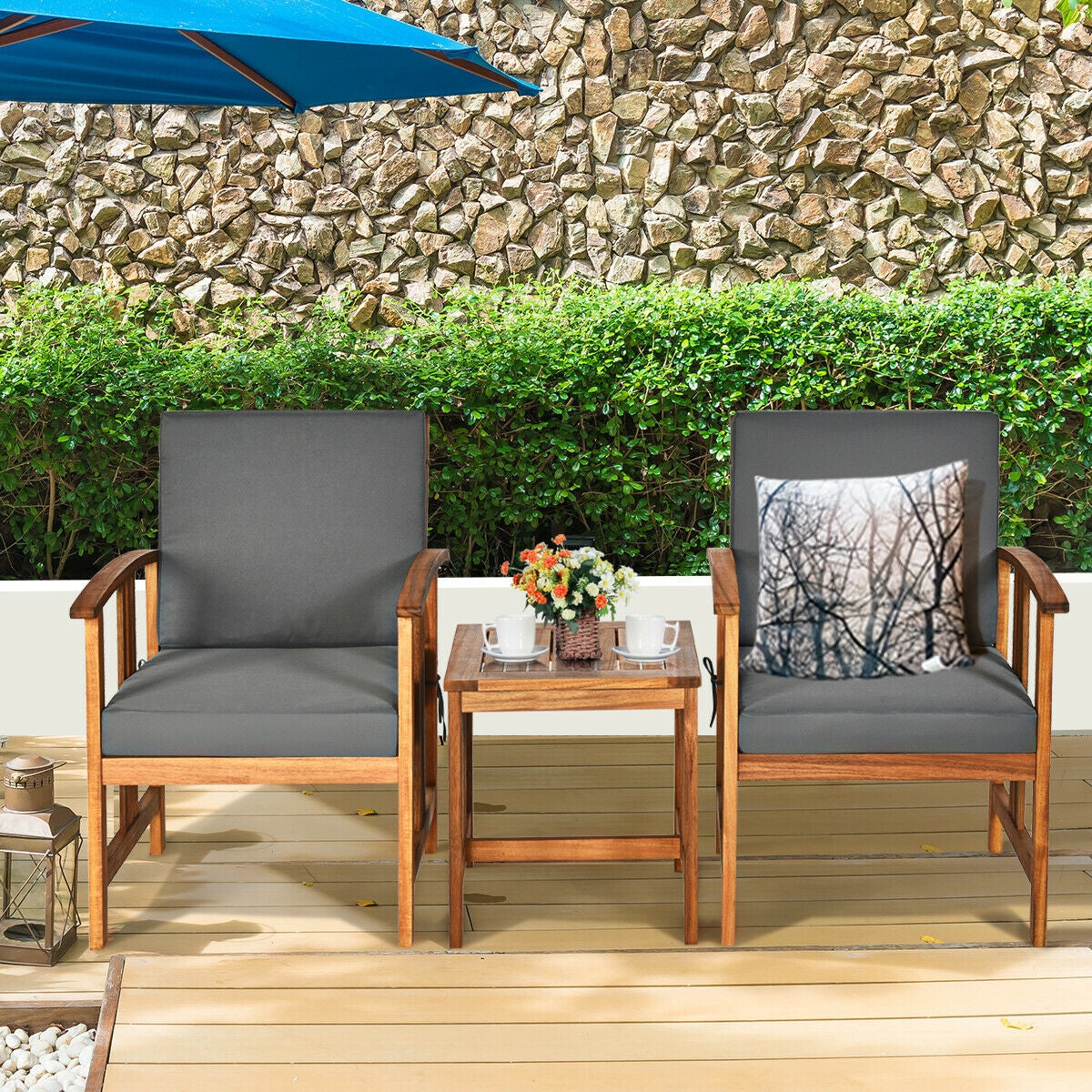 Juego de muebles de sofá para patio exterior de madera maciza de 3 piezas - Gris