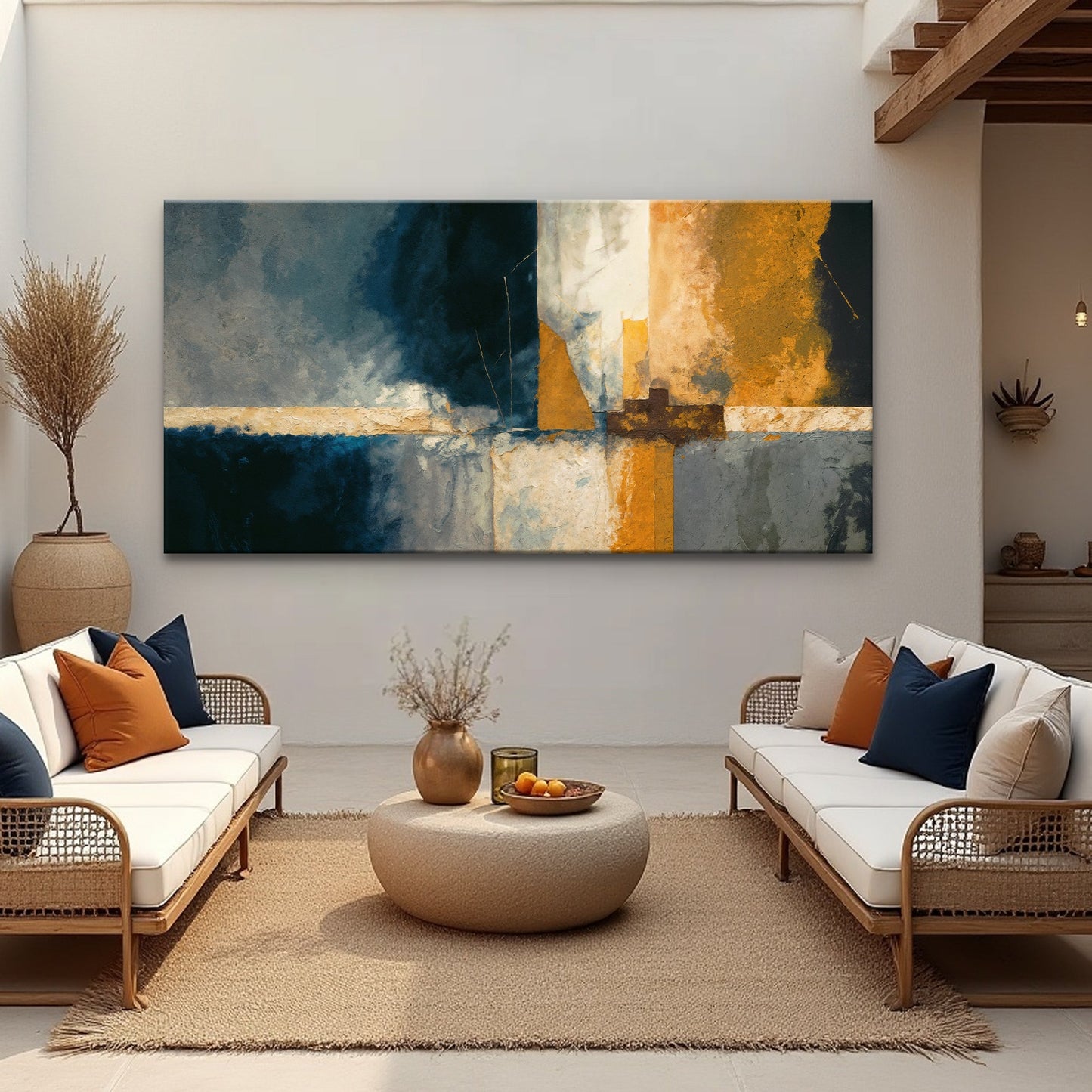 Abstract Geometric Lines Canvas Tailored Canvases blue gray gold modern living room on Tampa Home & Garden Store