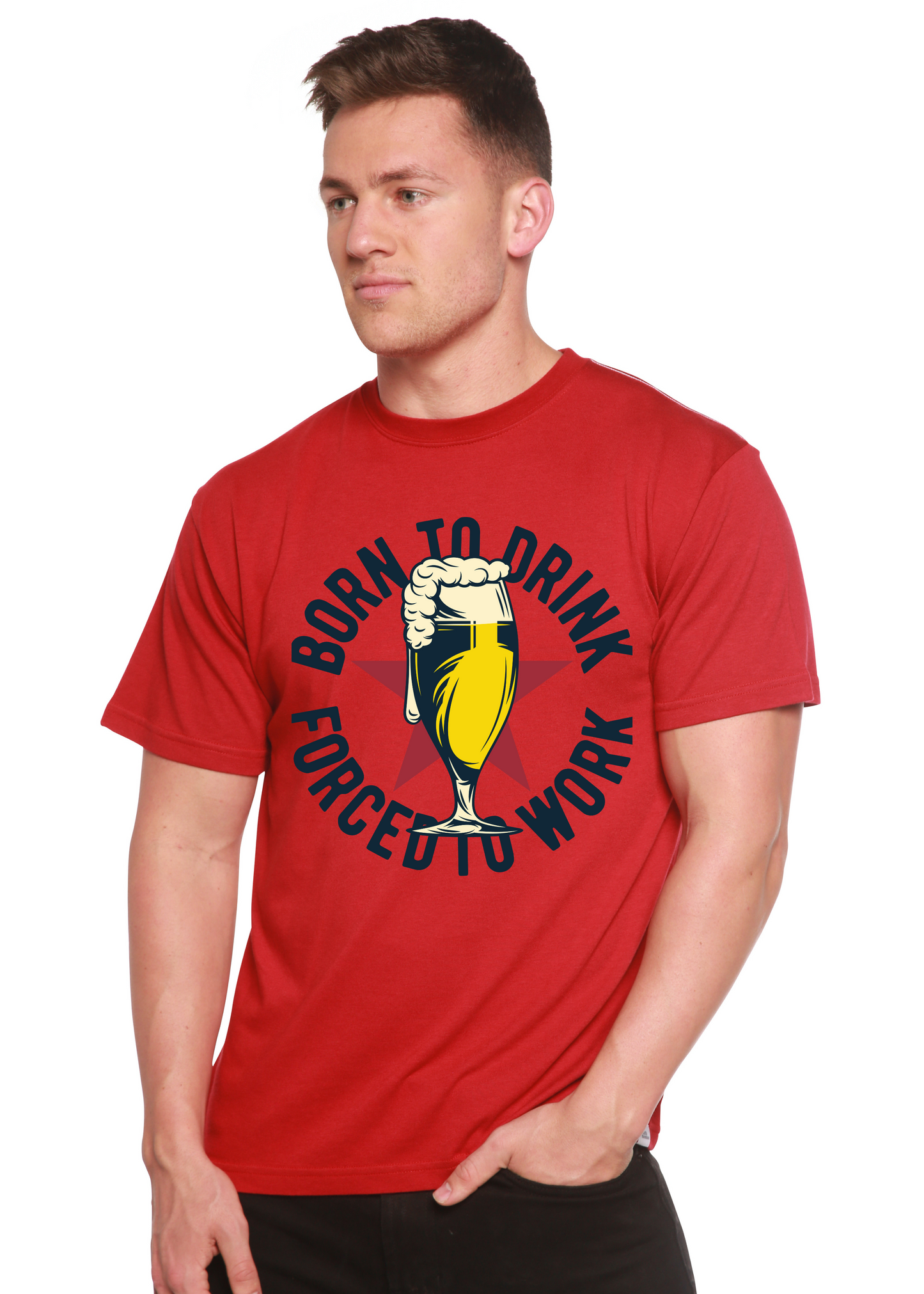 Born to Drink men's bamboo viscose organic cotton red graphic tee with beer glass design on Tampa Home & Garden Store