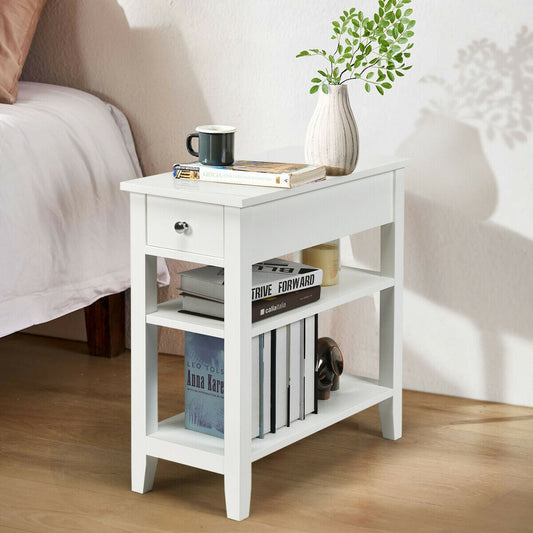 3-Tier Nightstand Bedside Table Sofa Side with Double Shelves Drawer-White - Tampa Home & Garden Store