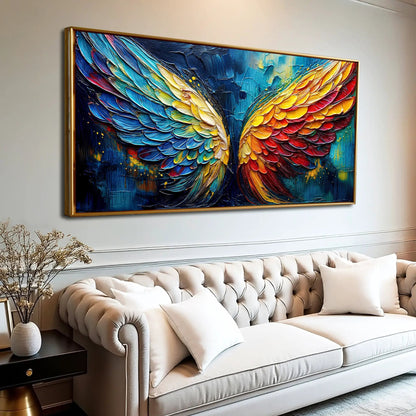 Wings of Fire Wall Art canvas by Tailored Canvases, colorful wing design with gold frame on Tampa Home & Garden Store