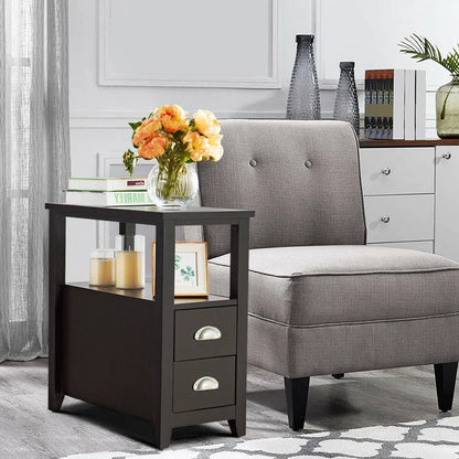 Set of 2 Wooden End Tables with Drawers and Shelf