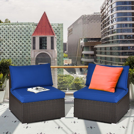 2 Pieces Patio Rattan Armless Sofa Set with 2 Cushions and 2 Pillows-Navy - Tampa Home & Garden Store