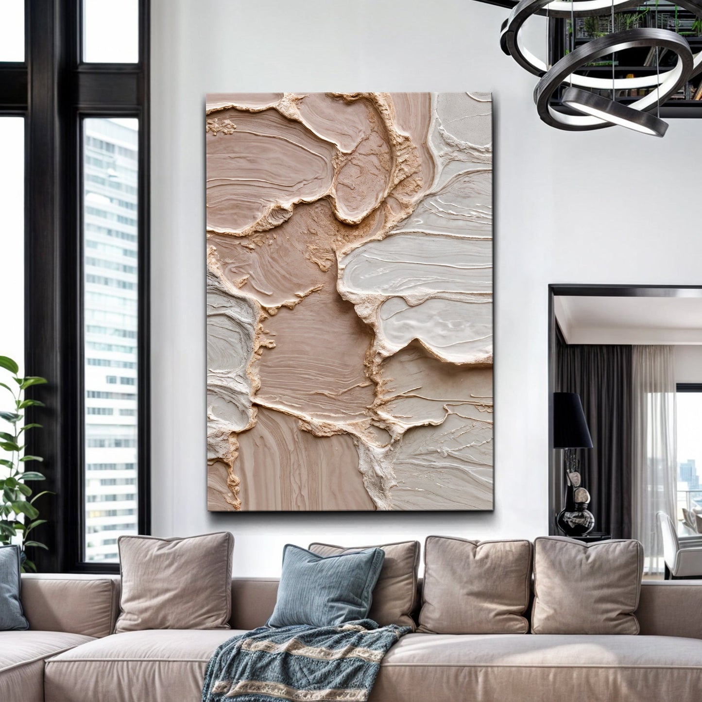 Ivory Minimalist Abstract Wall Art by Tailored Canvases; tan textured swirls in living room on Tampa Home & Garden Store