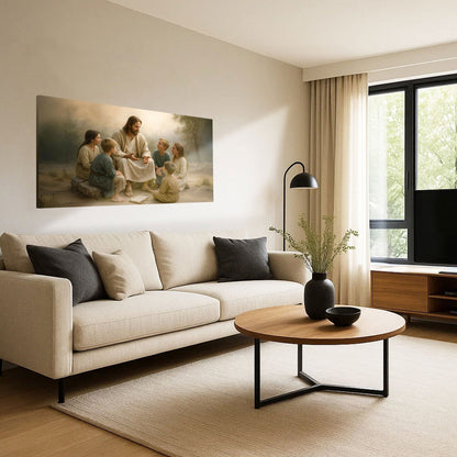 Jesus with Children Faith Wall Art III canvas by Tailored Canvases in a neutral living room on Tampa Home & Garden Store