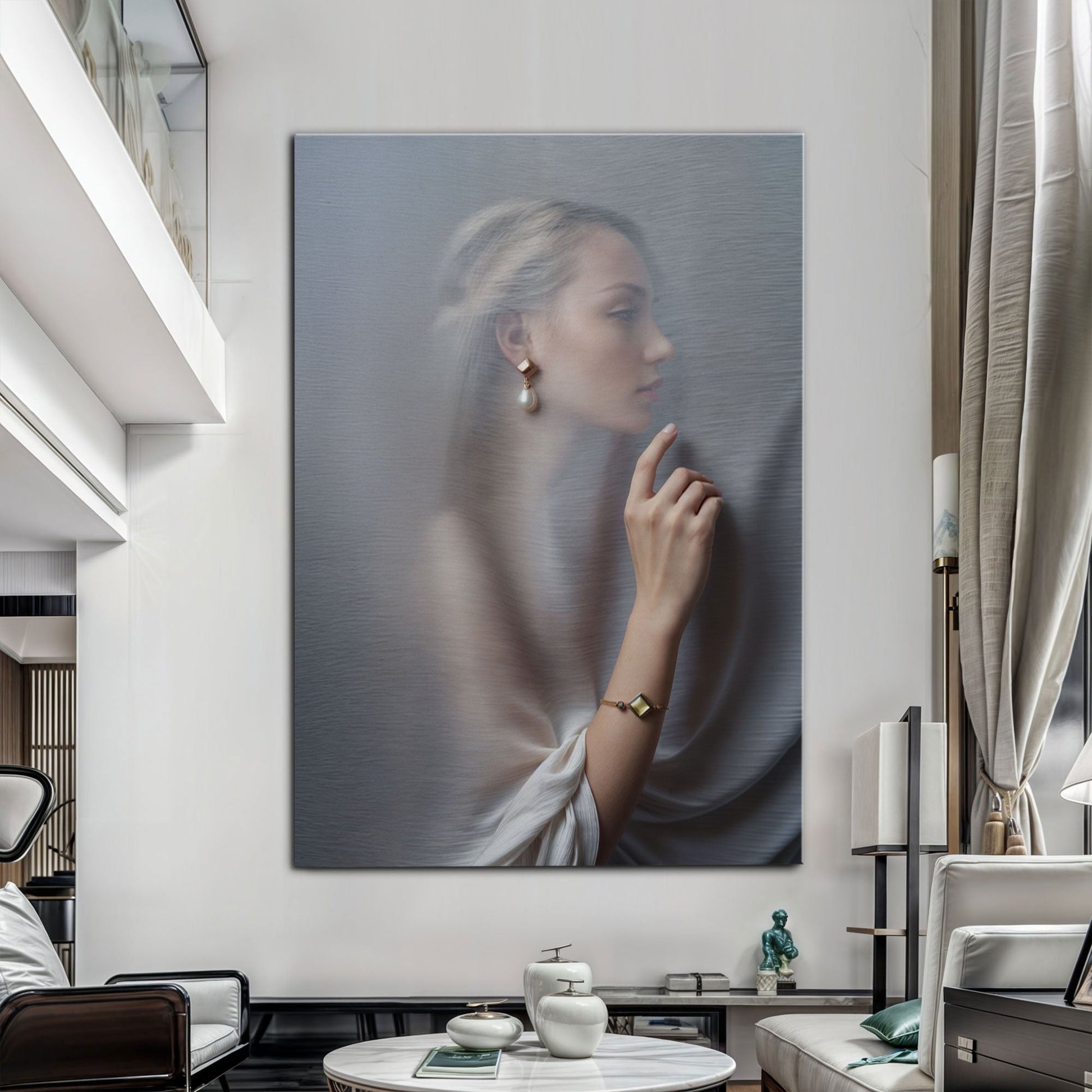 Behind Curtain Wall Art canvas by Tailored Canvases featuring a portrait in blue-gray tones on Tampa Home & Garden Store