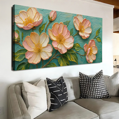 Blossoms Serenade canvas by Tailored Canvases; peach blooms with yellow centers on teal backdrop on Tampa Home & Garden Store
