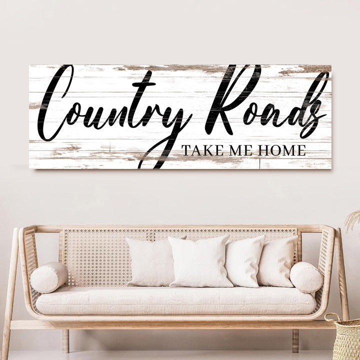 Country Roads Take Me Home Sign II canvas on distressed white wood background on Tampa Home & Garden Store