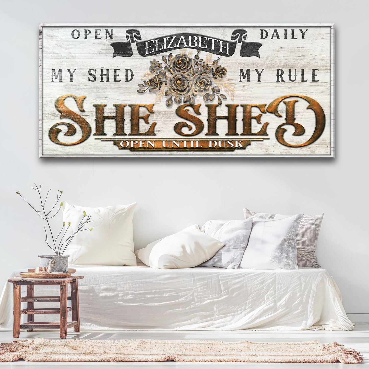 She Shed Sign X canvas by Tailored Canvases with rustic whitewash and copper lettering on Tampa Home & Garden Store