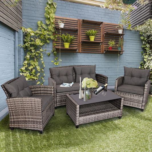 4 Pieces Patio Rattan Furniture Set Coffee Table Cushioned Sofa-Gray - Tampa Home & Garden Store