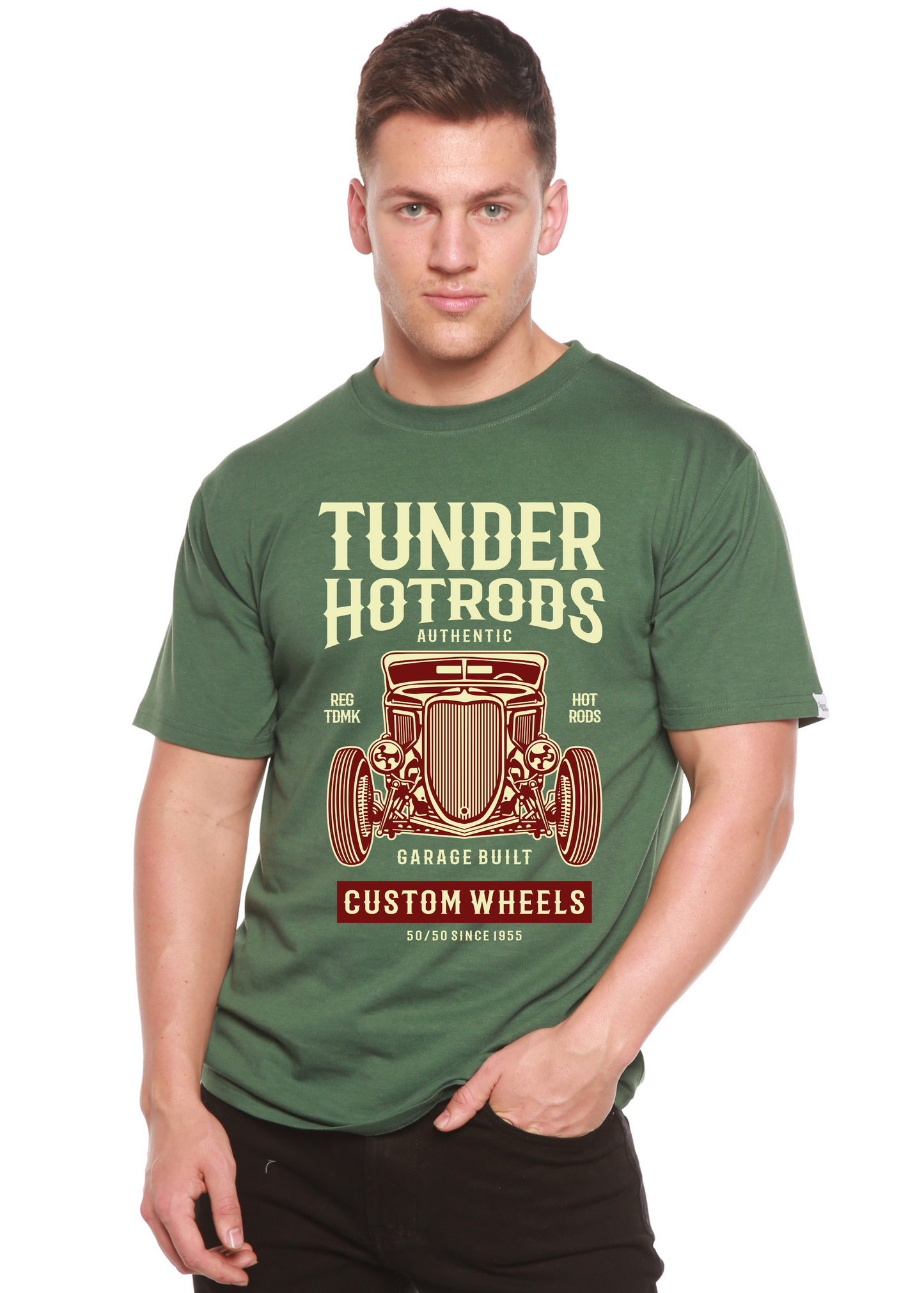 Thunder Hotrods graphic T-shirt for men by Spun Bamboo in green with vintage car print on Tampa Home & Garden Store